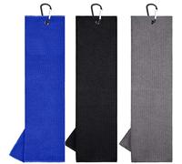 AMRTA 3Pcs Tri-fold Golf Towels Set Microfiber Waffle Pattern Cleaning Towel with Carabiner Clip for Golf Club Bag, Water Absorption Quick Dry for Men (Black + Blue + Gray, 16 x 24 inch)