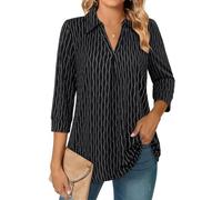 Amrto Blouse Women's Elegant 3/4 Sleeve V Neck A-Line Long Blouse Long Shirt with Lapel Collar Casual Elegant Loose Summer Women's Blouse Top for Office Business, Black (silver threads), XXL