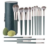 Amrules Makeup Brushes, 14 Pcs Professional Makeup Brush Set, Eye and Face Foundation Brush Set, Eyeshadow Brushes, Cosmetic Brushes with 2 Blender Sponge and PU Makeup Pail, Dark Green