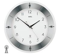 AMS Wall Clock Radio-Controlled Wall Clock Analogue Round Glass & Aluminium Silver 5848