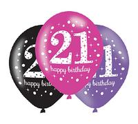 amscan 21st Happy Birthday Latex Balloons, 6 Pcs, Rubber, Glittery Pink - 21, 27 cm