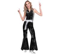 amscan 9905740 Adult Ladies Black Disco Jumpsuit Fancy Dress Retro Costume Outfit (UK Dress 8-10)