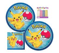Amscan Pokémon Party Supplies Pack Serves 16: 7" Plates and Beverage Napkins with Birthday Candles (Bundle for16)