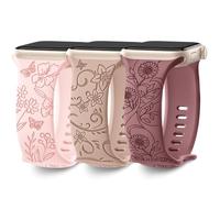 AMSKY 3 Pieces Floral Engraved Bands Compatible with Apple Watch Strap 40mm 41mm 44mm 45mm 38mm 42mm 49mm for Women Silicone Replacement Wristband Compatible with iWatch Wristband, (S11/10 42mm)+(40mm