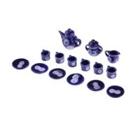 AMSLSIU 15 Pieces Dollhouse Miniature Dining Ware Set Includes Dark Blue Porcelain Coffee Tea Set Pot Plate And Cup China Tea Pot Plate Saucer Miniature Coffe 1/12