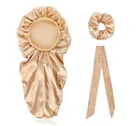 AMSLSIU 3 Pieces Satin Sleeping Cap Set Dirty Braided Curly Hair Hat Tie Head Wrap Elastic Ponytail Band Tool Gift Unisex, Champagne Gold
