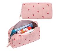 AMSLSIU Pencil Case, Corduroy Fabric Case with Wrist Strap, Pouch, Large Fabric, School, Pouch, Strawberry Pattern, Pink Strawberry, 24 * 14 * 9cm
