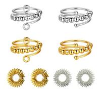 AMSNINK Pack of 4 Adjustable Anti-Stress Rings with 4 Acupressure Rings, Fidget Ring, Anxiety Rings, Anti-Stress Rings, for Girls and Women, Stress Relief Anxiety