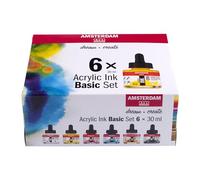 Amsterdam Acrylic Ink Set | Basic Set (6 x 30 ml) | Primary Colors, Black, White & Ochre | Fluid Ink with Dropper Cap