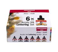 Amsterdam Acrylic Ink Set | Lettering Set (6 x 30 ml) | Black, White & Metallic Colors | Fluid Ink with Dropper Cap