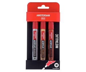 Amsterdam Acrylic Marker Set of 3 Metallic Colors | Multi-Purpose, Permanent Paint Markers with Medium Round Nib