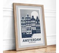Amsterdam After Dark Vintage Framed Wall Art Print A2 (59.4×42cm) Oak, Wall Decor for Living Room, Bedroom, Office & Home, Ready to Hang, Art Gift