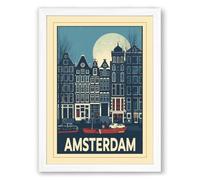 Amsterdam at Dusk Vintage Framed Wall Art Print A1 (84.1×59.4cm) White, Wall Decor for Living Room, Bedroom, Office & Home, Ready to Hang, Art Gift