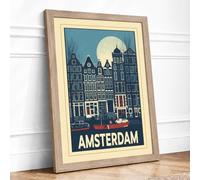 Amsterdam at Dusk Vintage Framed Wall Art Print A2 (59.4×42cm) Oak, Wall Decor for Living Room, Bedroom, Office & Home, Ready to Hang, Art Gift