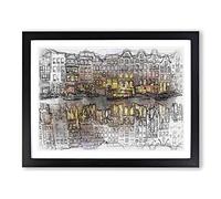 Amsterdam At Night In Abstract Modern Art Framed Wall Art Print, Ready to Hang Picture for Living Room Bedroom Home Office Décor, Black A3 (46 x 34 cm)