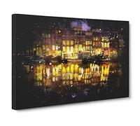 Amsterdam at Night Paint Splash Canvas Print for Living Room Bedroom Home Office Décor, Wall Art Picture Ready to Hang, 30 x 20 Inch (76 x 50 cm)