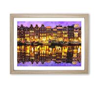 Amsterdam At Night Painting Modern Art Framed Print | A4 Oak Framed Wall Art | Ready to Hang | Modern Historical Picture | Living Room Bedroom Lounge Office