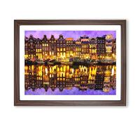 Amsterdam At Night Painting Modern Art Framed Wall Art Print, Ready to Hang Picture for Living Room Bedroom Home Office Décor, Walnut A3 (46 x 34 cm)