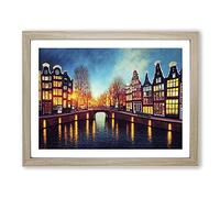 Amsterdam Canal Art Painting Vol.1 Framed Print | A4 Oak Framed Wall Art | Ready to Hang | Modern Historical Picture | Living Room Bedroom Lounge Office