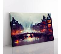 Amsterdam Canal At Night Canvas Wall Art Print Ready to Hang, Framed Picture for Living Room Bedroom Home Office Décor, 76x50 cm (30x20 Inch)