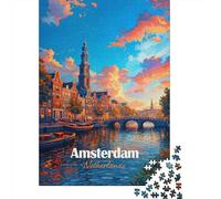 Amsterdam Canal at Sunset 1000 Piece Jigsaw Puzzle, Old Town Street Scene, Relaxing Challenge, Thick Cardboard Pieces, for Adults, 52x38cm/1000pcs