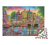 Amsterdam Canal Colourful Cityscape 1000 Piece Jigsaw Puzzle Paper for Adults Night View Puzzle Game for Family 38x26cm/1000pcs