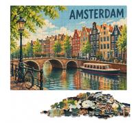 Amsterdam Canal Houses Art Print Wooden Puzzle Gift, Adults, 1000 Pieces