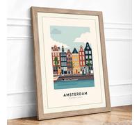 Amsterdam Canal Houses Retro Framed Wall Art Print A4 (29.7×21cm) Oak, Wall Decor for Living Room, Bedroom, Office & Home, Ready to Hang, Art Gift