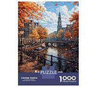 Amsterdam Canal in Autumn Travel Puzzle 1000 Pieces, Romantic City Break Scene, Interlocking Paper Pieces, Family Night Game for Home Décor Fans, 38x26cm/1000pcs