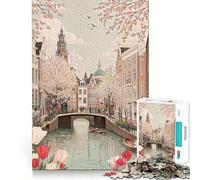 Amsterdam Canal in Spring with Tulips Adults 1000 Piece Jigsaw Puzzle Recall Fun Play Premium Laser Cut Quality Quiet Time Mind Exercise at Home (38x52cm)