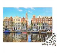 Amsterdam Canal Jigsaw Puzzles 1000 Pieces Recycled Material Dutch Architecture Puzzles for Elderly Relieve Senile Dementia Fun Family Game Activity Home 38x26cm/1000pcs