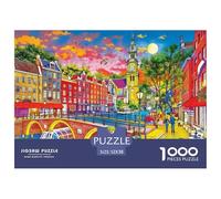 Amsterdam Canal Jigsaw Puzzles Puzzle for Adults Kids. 1000 Pieces Bridge Clock Tower Whimsical Challenge Toy Educational Games Home Decoration for Educational Games Gifts 52x38cm/1000pcs