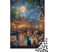Amsterdam Canal Jigsaw Puzzles Puzzles for Adults Kids. 1000 Piece Moon Cats Impossible Challenge Toy Home Decoration for Adults& Kids Age 14 Years Up 1000pcs (75x50cm)