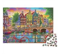 Amsterdam Canal Scene 1000 Pieces Jigsaw Puzzle for Adults Amsterdam Canal Bike Sunset Premium Thick Sturdy Vibrant Challenging Hard Stress Relief 70x50cm/1000pcs
