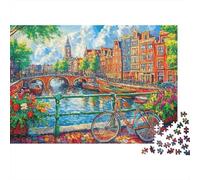 Amsterdam Canal Scene Jigsaw 1000 Piece Challenge Game for Adults, Impossible Jigsaw Puzzles 1000 Piece Educational Game Home Decoration 52x38cm/1000pcs