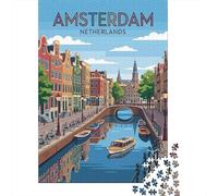 Amsterdam Canal Scene Jigsaw Puzzle 1000 Pieces, Historic Small Town View, Premium Paper Puzzle, Relaxing Challenge for Families, Travel Gift, 70x50cm/1000pcs