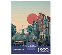 Amsterdam Canal Scene with Windmill Jigsaw Puzzle 1000 Pieces, Romantic City Break Scene, Matte Printed Jigsaw for Travel Lovers, Screen-Free Fun, 70x50cm/1000pcs
