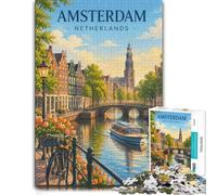 Amsterdam Canal Scene Wood Puzzle Challenge, Adults, 1000 Pieces | Jigsaw Puzzle Gift: visible image details for section-by-section building over several sessions.
