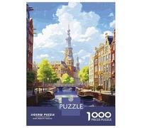 Amsterdam Canal Summer Travel Puzzle 1000 Pieces, Romantic City Break Scene, Interlocking Paper Pieces, Family Night Game for Home Décor Fans, 38x26cm/1000pcs