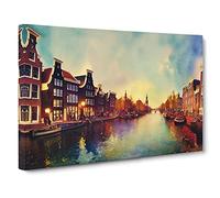Amsterdam Canal Watercolour Vol.1 Canvas Print | Gallery Wrapped 30mm Frame Wall Art | 30x20 inches | Ready to Hang | Contemporary Picture | Living Room Bedroom Lounge Office