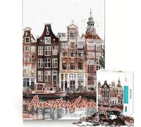 Amsterdam City Watercolor Jigsaws 1000 Pieces for Adults Memory Boost Game Professional Grade Cutting Heartwarming Gathering Activity (38x52cm)