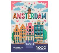 Amsterdam Cityscape with Windmill And Canal Jigsaw Puzzle 1000 Pieces, Landmark Urban View, Thick Cardboard Pieces for Puzzle Lovers, Relaxing Challenge, 38x26cm/1000pcs
