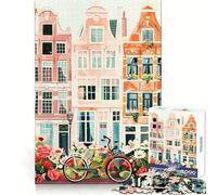 Amsterdam Houses And Bicycle Art Jigsaw Puzzle 1000 Pieces Brain Exercise Soothing Hobby Precision Cut Holiday Present (50X75CM)