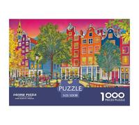 Amsterdam Houses Jigsaw Puzzles Puzzle for Adults Kids. 1000 Piece Bicycles Canal Bridge Impossible Challenge Toy Educational Game Home Decoration for Adults& Kids Age 14 Years Up 52x38cm/1000pcs