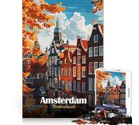 Amsterdam Netherlands Autumn Cityscape Illustration 1000 Piece Jigsaws for Teenagers Puzzle Clear Thinking Mindful Escape Firm Interlock Unique Gift (38X52CM)