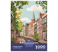 Amsterdam Netherlands Canal Cityscape Illustration Jigsaw Puzzle 1000 Pieces, Romantic City Break Scene, Matte Printed Jigsaw for Travel Lovers, Screen-Free Fun, 52x38cm/1000pcs
