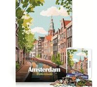 Amsterdam Netherlands Canal Cityscape Illustration Jigsaw Puzzles1000 Pieces Brain Exercise Leisurely Pursuit Precision Cut Unique Xmas Gift (50X75CM)