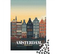 Amsterdam Netherlands Cityscape Illustration 1000 Piece Jigsaw Puzzle, Downtown Architecture at Night, Decorative Artwork, Matte Printed Jigsaw, Birthday Gift for Puzzle Lovers, 70x50cm/1000pcs