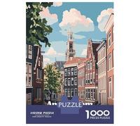 Amsterdam Netherlands Cityscape Illustration 1000 Piece Jigsaw Puzzle, Romantic City Break Scene, Thick Cardboard Pieces, Relaxing Challenge for Puzzle Lovers, Adult Puzzle, 38x26cm/1000pcs