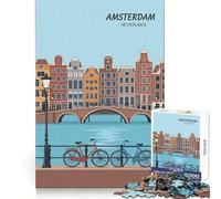 Amsterdam Netherlands Cityscape, Travel Poster 1000 Piece Jigsaws for Adults Puzzle Improve Memory Happy Idle Time Laser Cut Art Xmas Gift (38x26cm)
